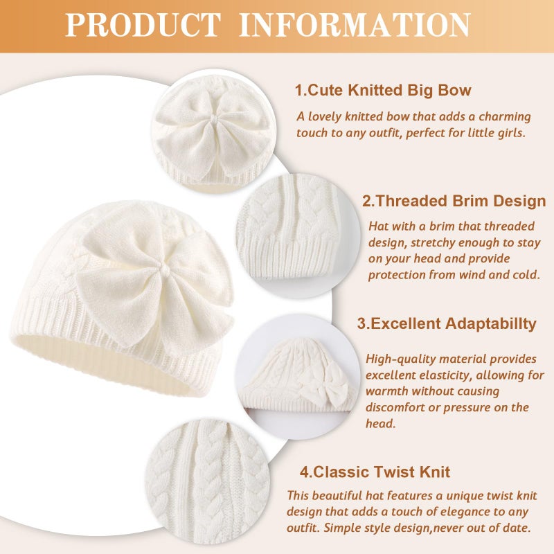 JANGANNSA Winter Warm Knitted Baby Hat for Girls Cotton Lined Infant Toddler Hat Autumn Cute Bow Classic Girls Beanie 0-6Y(L,White) - Image 4